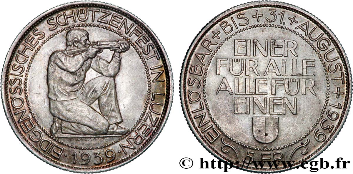 SWITZERLAND 5 Francs Tir de Lucerne (Luzern) 1939 Berne AU 