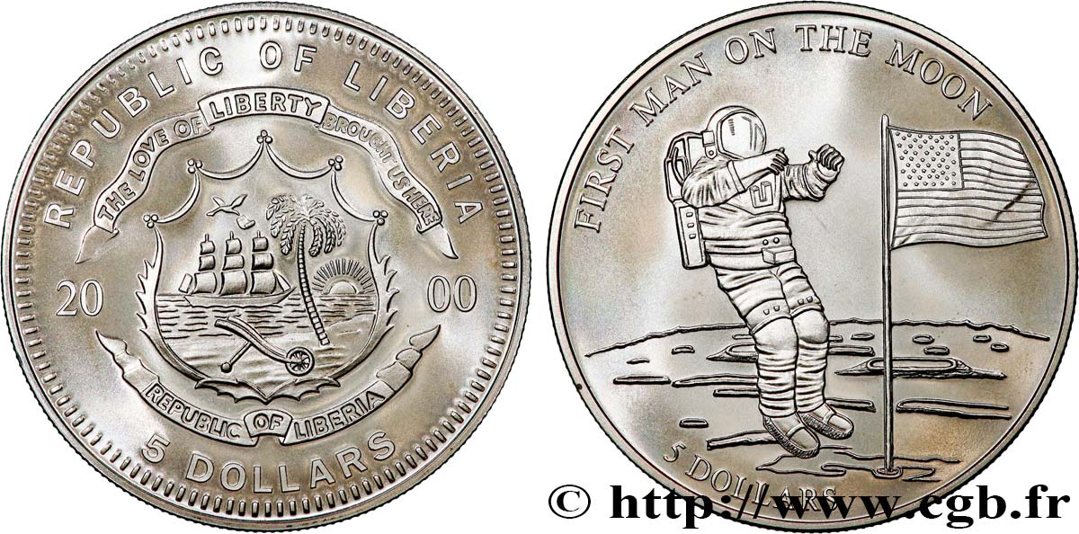 LIBERIA 5 Dollars Proof Premier pas de l’homme sur la Lune 2000  ST 