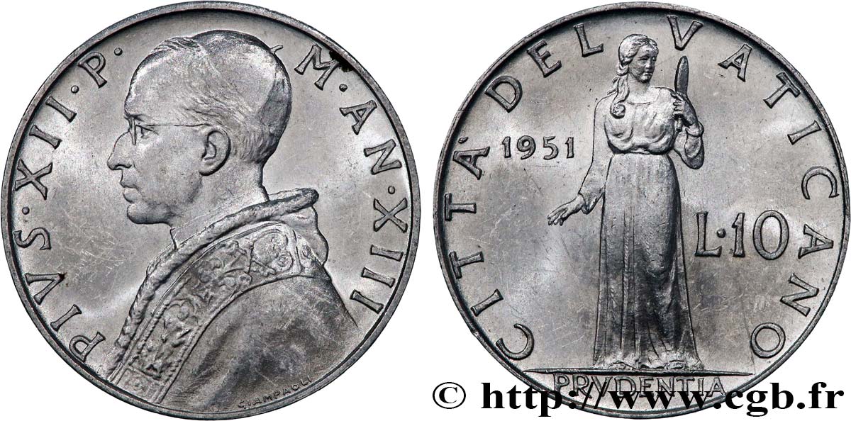 VATICAN AND PAPAL STATES 10 Lire Pie XII an XIII / la ‘prudence’ 1951  AU 