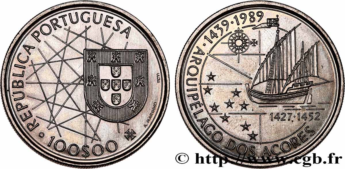 PORTOGALLO 100 Escudos découverte des Açores 1989  MS 
