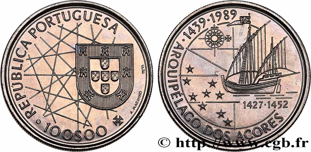 PORTOGALLO 100 Escudos découverte des Açores 1989  MS 