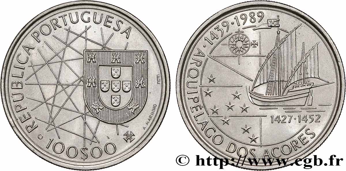PORTUGAL 100 Escudos découverte des Açores 1989  SPL 