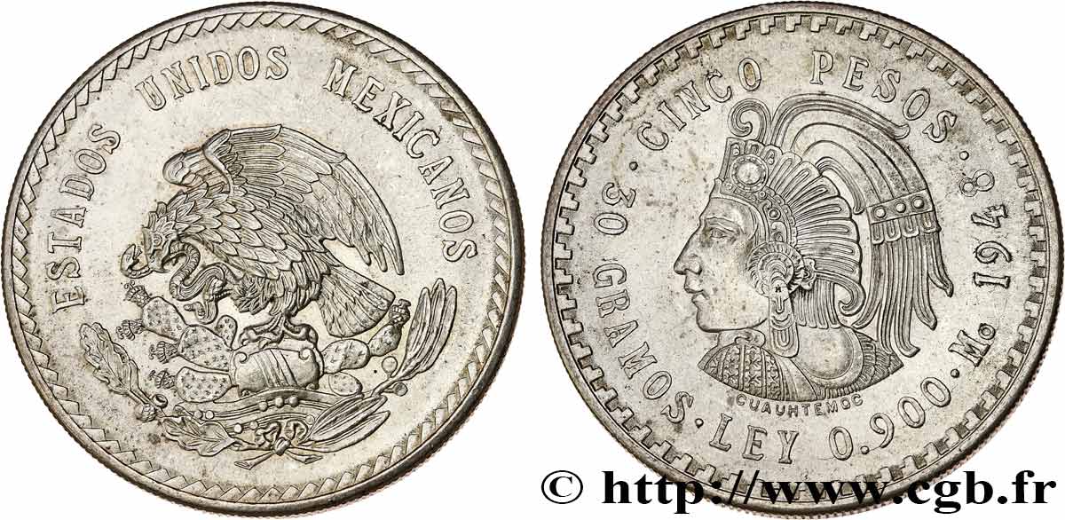 MEXIKO 5 Pesos Buste de Cuauhtemoc 1948 Mexico VZ 