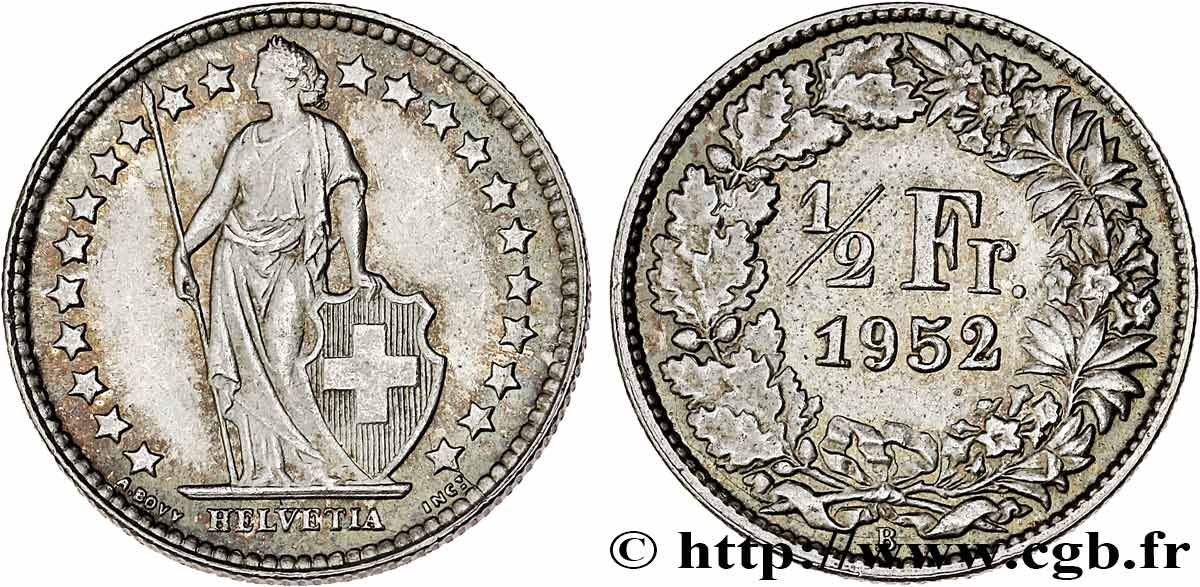 SUISSE 1/2 Franc Helvetia 1952 Berne SUP 