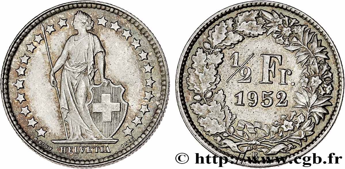 SUIZA 1/2 Franc Helvetia 1952 Berne EBC 