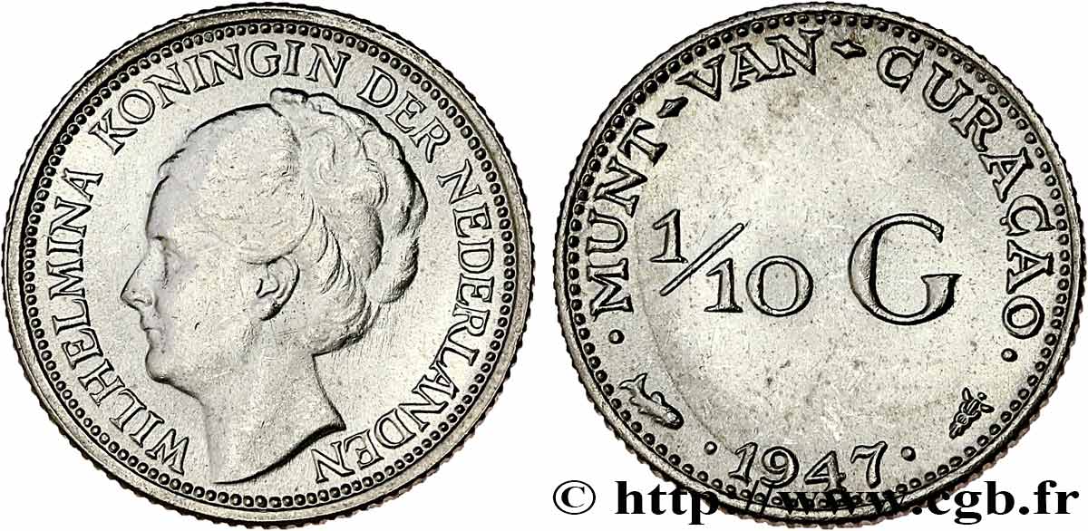 CURACAO 1/10 Gulden reine Wilhelmina 1947 Utrecht SUP 