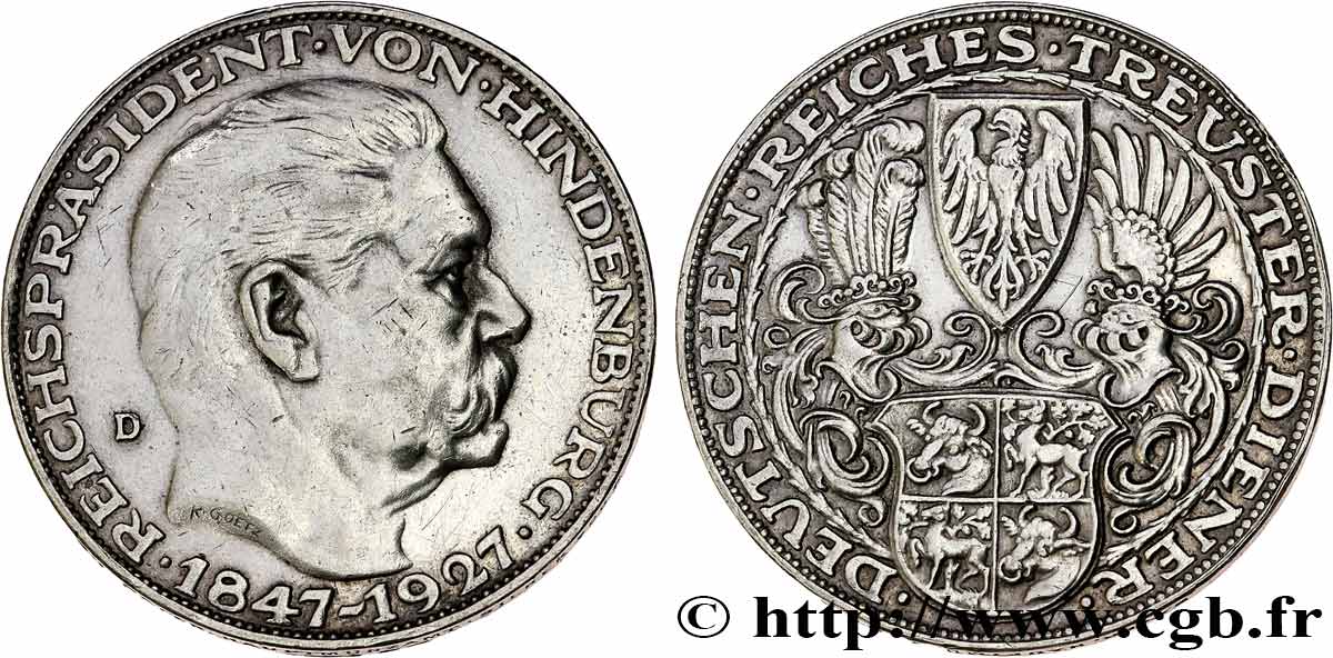 ALLEMAGNE Module de 5 Reichsmark 80e anniversaire du Maréchal von Hindenburg 1927 Munich SUP 