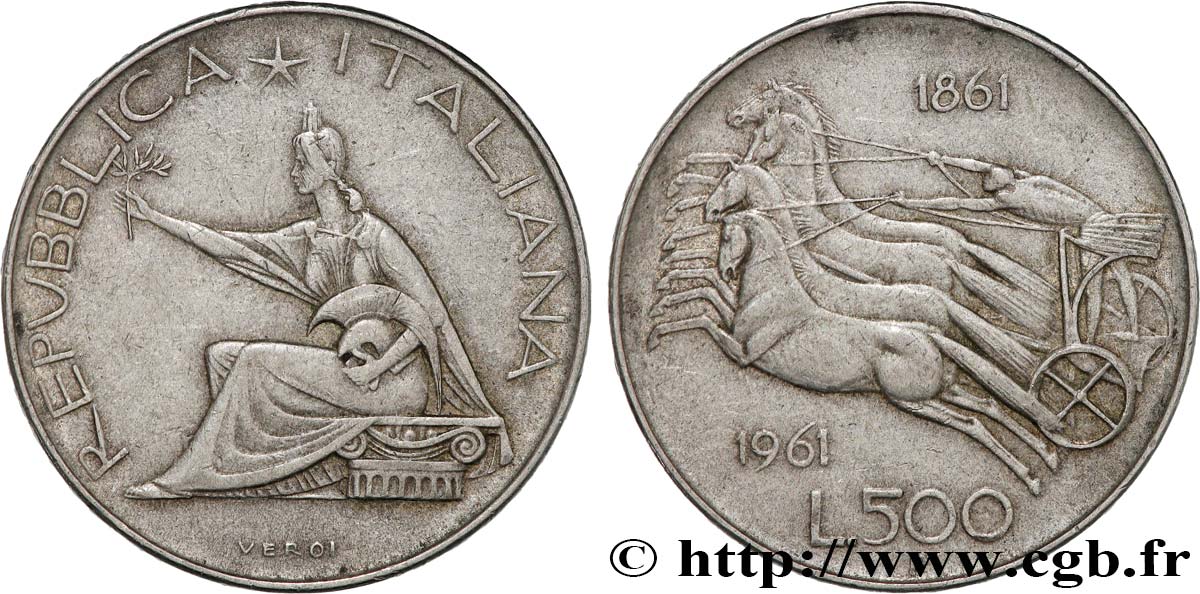 ITALY 500 Lire Centenaire de l’Unité Italienne 1961 Rome XF 