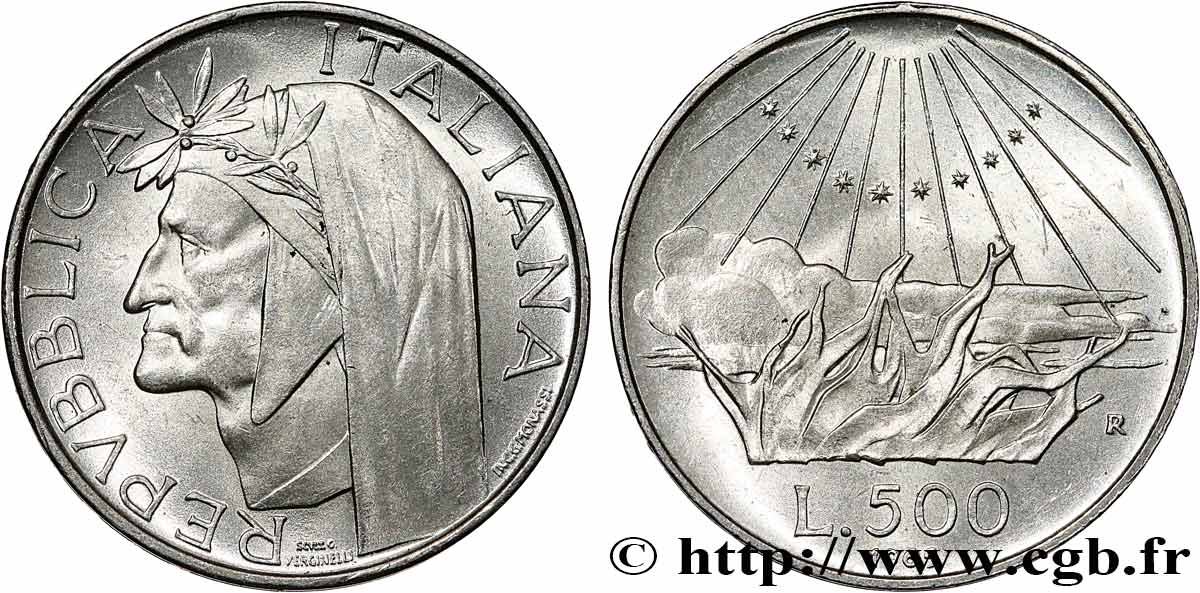 ITALIE 500 Lire 700e anniversaire de la naissance de Dante Alighieri / l’Enfer 1965 Rome SUP 