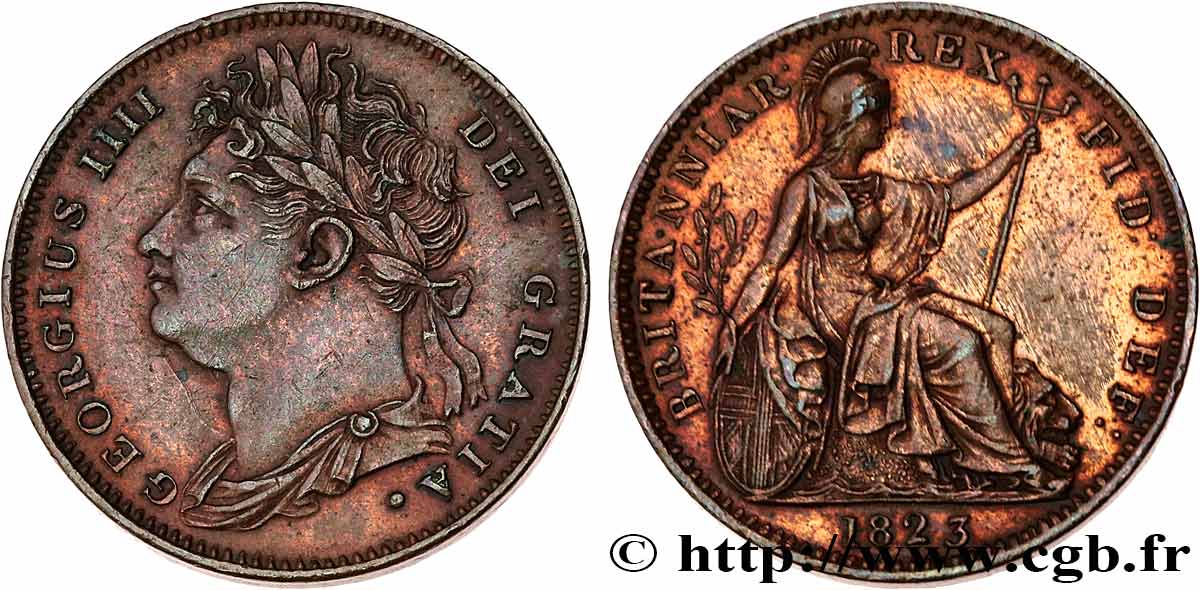 VEREINIGTEN KÖNIGREICH 1 Farthing Georges IV tête laurée 1823  VZ 