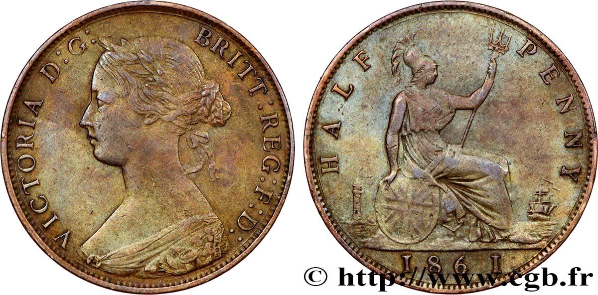 ROYAUME-UNI 1/2 Penny Victoria “Bun Head” 1861  TTB 