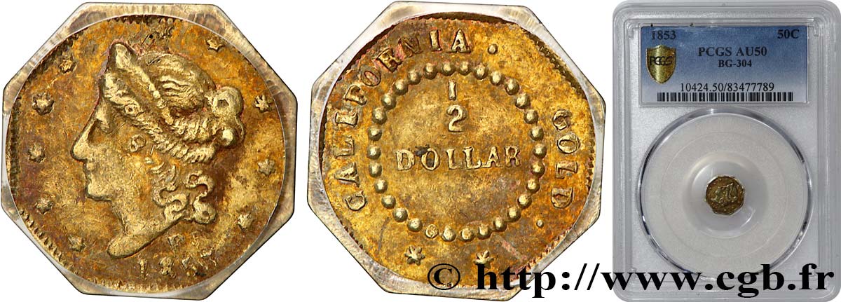UNITED STATES OF AMERICA 1/2 Dollar Or  Liberty head  California octogonal 1853 Philadelphie BB50 PCGS