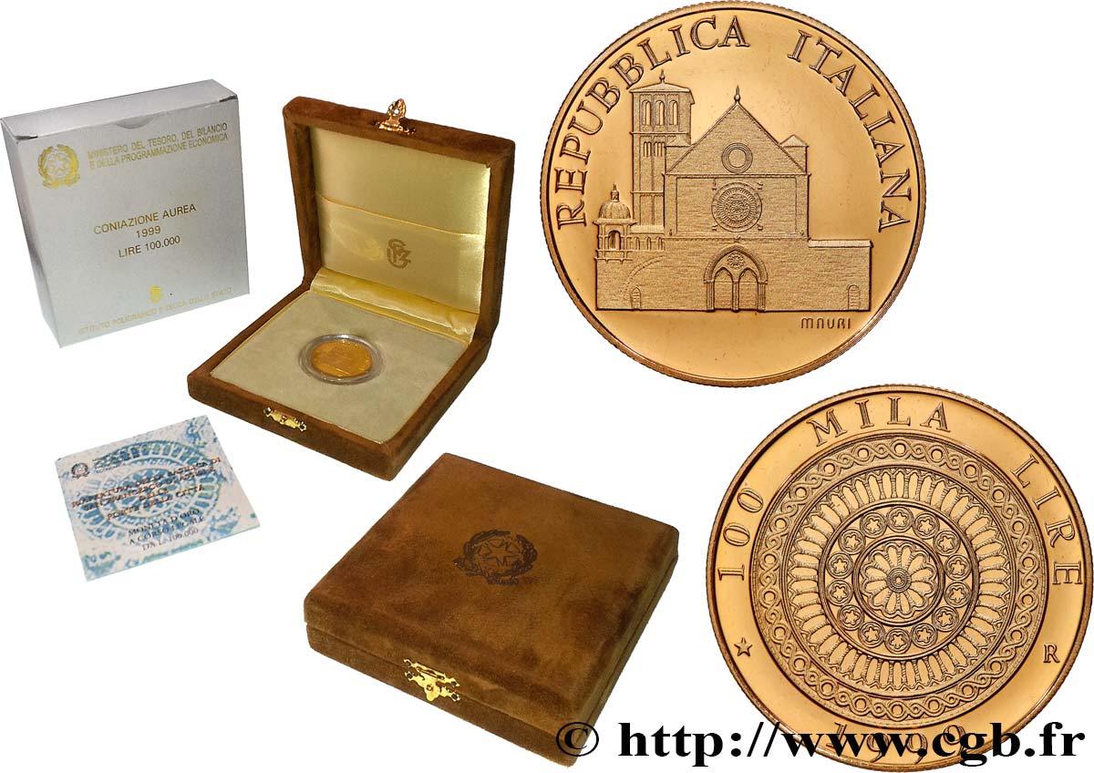 ITALIA 100.000 Lire Proof Basilique Saint-François d’Assise 1999  FDC 