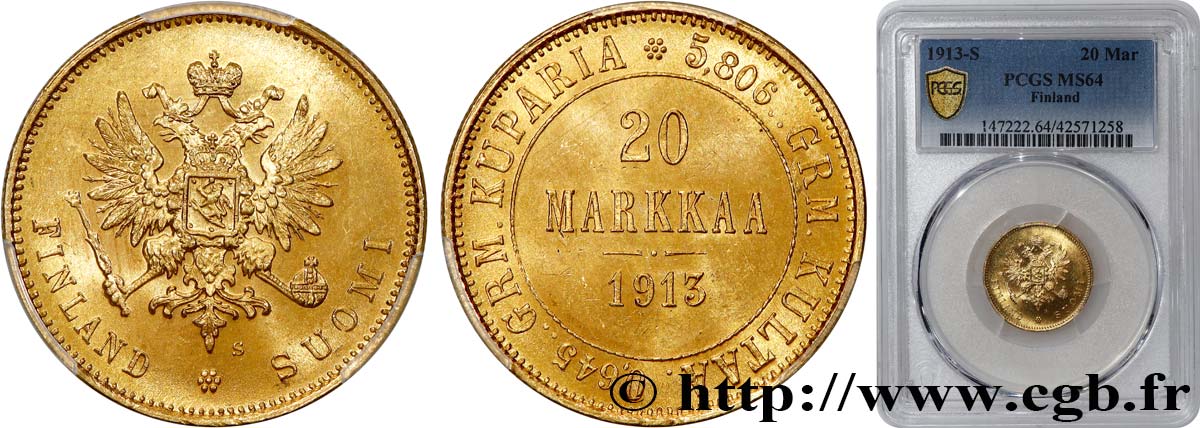 FINLANDIA - GRANDUCADO - NICOLA II 20 markaa 1913 Helsinki MS64 PCGS