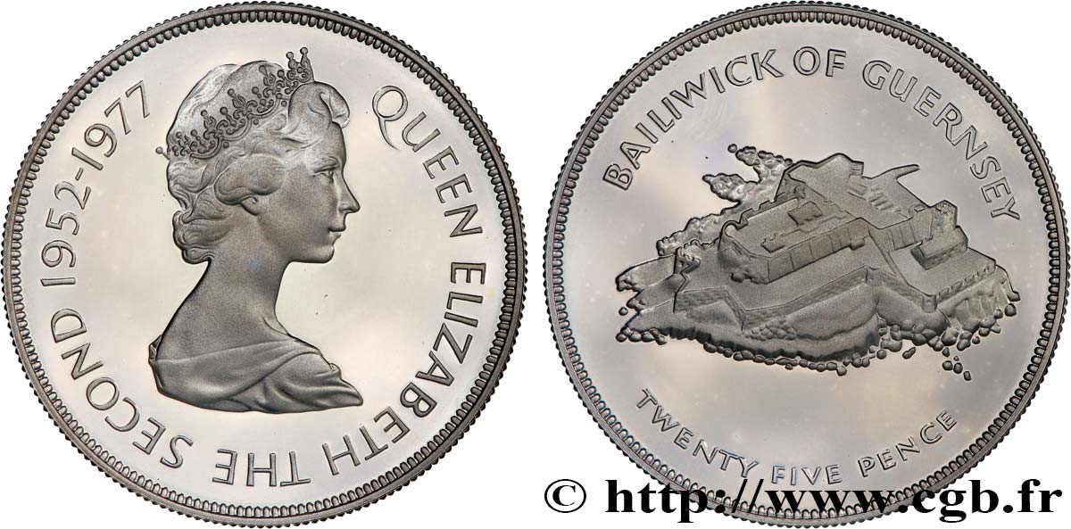 GUERNESEY 25 Pence Proof Elisabeth II, jubilé d’argent / Castle Cornet 1977  SPL 