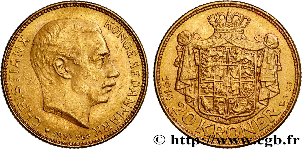 DANEMARK - ROYAUME DU DANEMARK - CHRISTIAN X 20 Kroner  1914 Copenhague SUP 