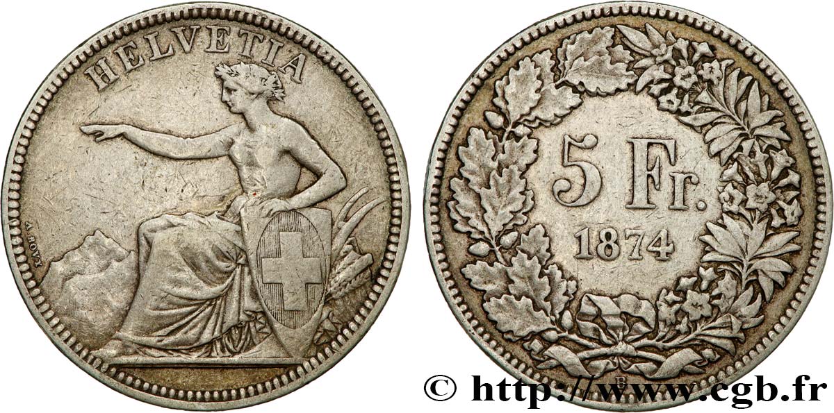 SUISSE 5 Francs Helvetia assise 1874 Berne TB+ 