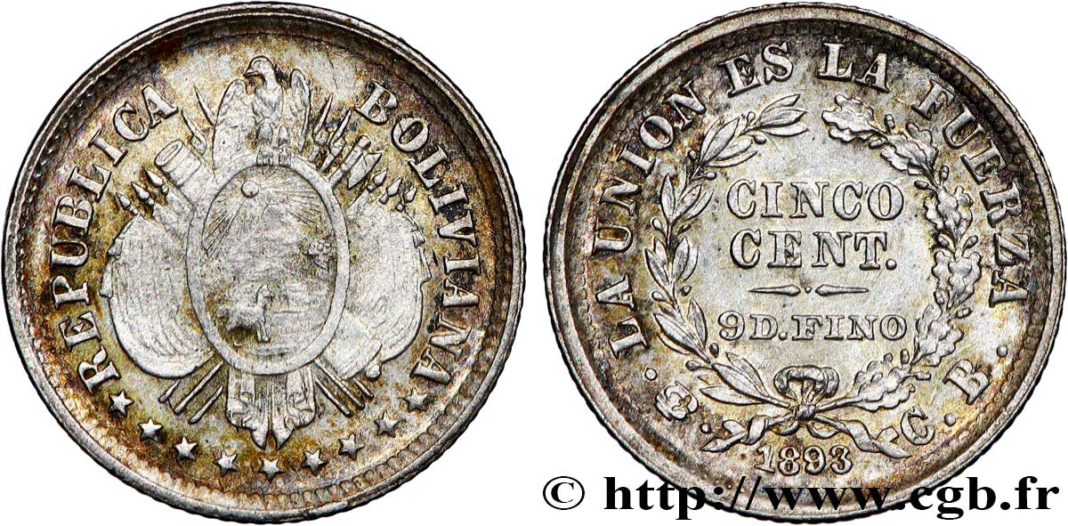 BOLIVIA 50 Centavos (1/2 Boliviano) 1893 Potosi BB 