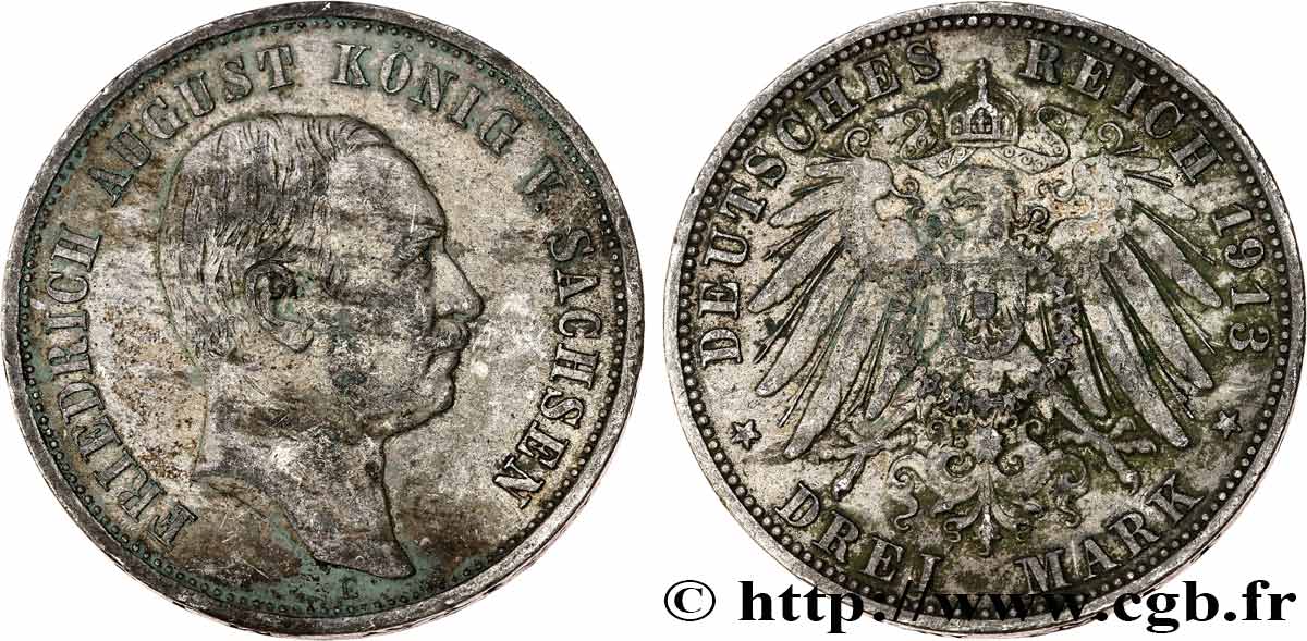 ALLEMAGNE - SAXE 3 Mark Frédéric Auguste roi de Saxe 1913 Dresde TTB 