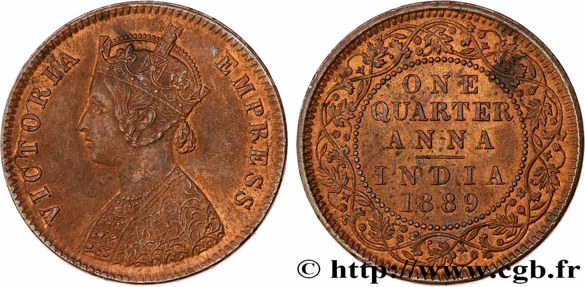 INDES BRITANNIQUES 1/4 Anna Victoria 1889 Bombay SUP 