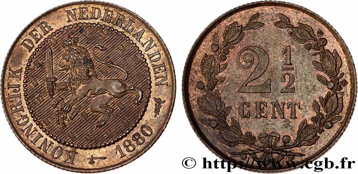 PAYS-BAS 2 1/2 Cents lion couronné 1880 Utrecht SPL 