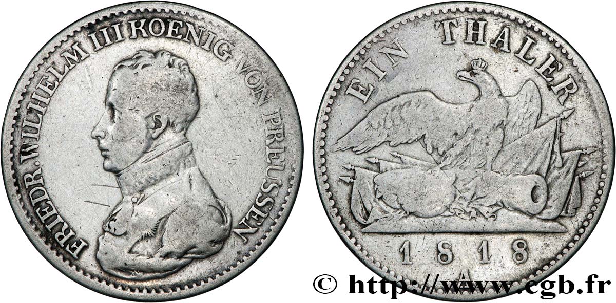 GERMANIA - PRUSSIA 1 Thaler Frédéric-Guillaume III roi de Prusse / aigle 1818 Berlin MB 