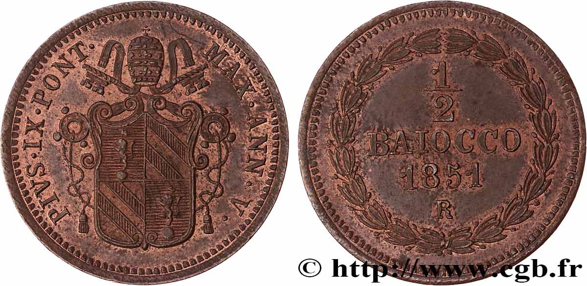 ITALY - PAPAL STATES - PIUS IX (Giovanni Maria Mastai Ferretti) 1/2 Baiocco an V 1851 Rome AU 