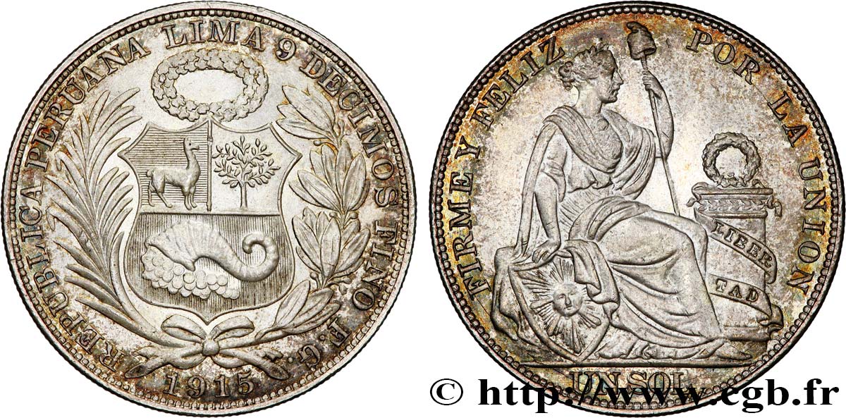 PERU 1 Sol emblème / “Liberté” 1915 Lima AU 