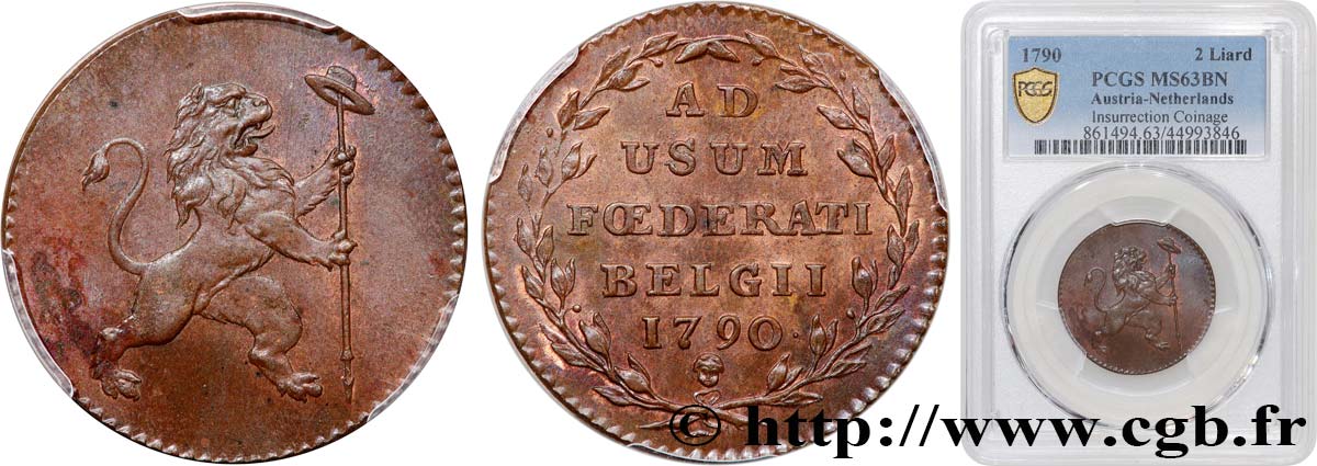 BELGIUM - UNITED BELGIAN STATES 2 Liards Insurrection de 1790 1790 Bruxelles MS63 PCGS