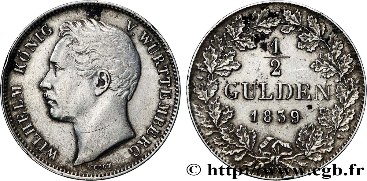 GERMANY - WÜRTTEMBERG 1/2 Gulden Guillaume Ier 1839 Stuttgart XF/AU 