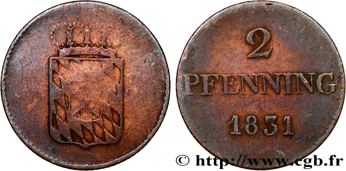GERMANY - BAVARIA 2 Pfenninge Royaume de Bavière 1831  XF 