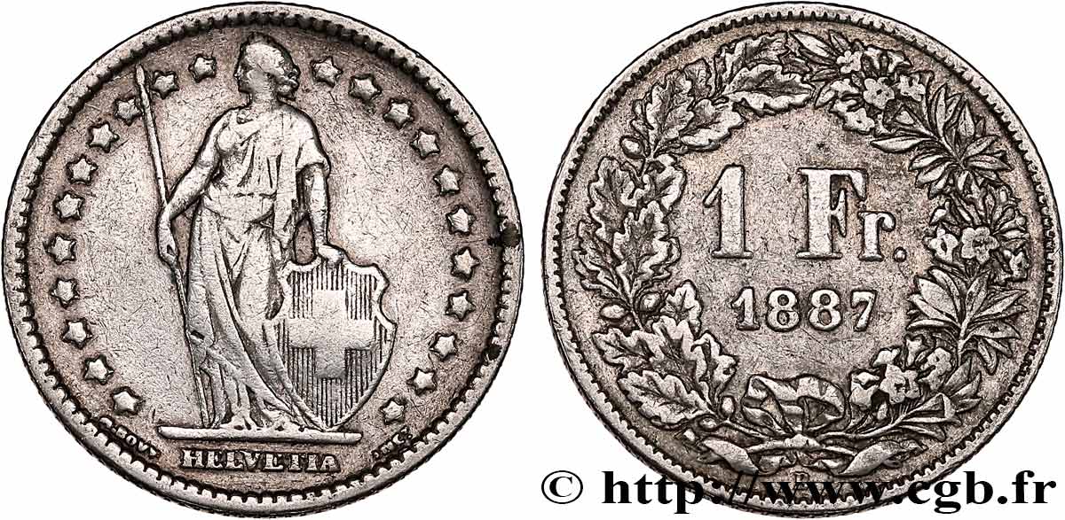 SWITZERLAND 1 Franc Helvetia 1887 Berne VF 
