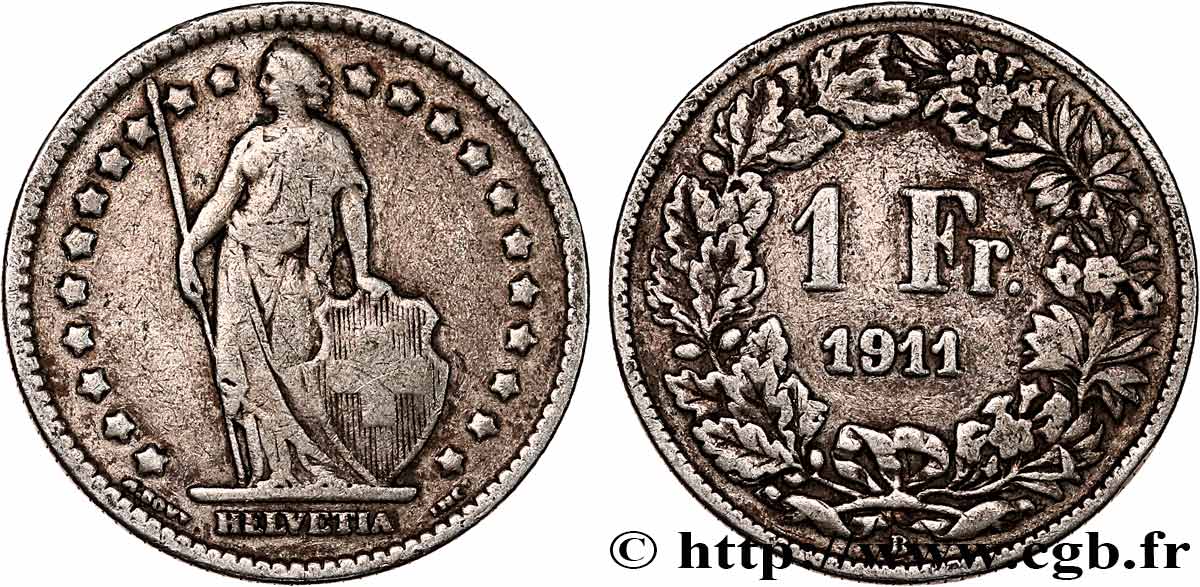 SWITZERLAND 1 Franc Helvetia 1911 Berne - B VF 