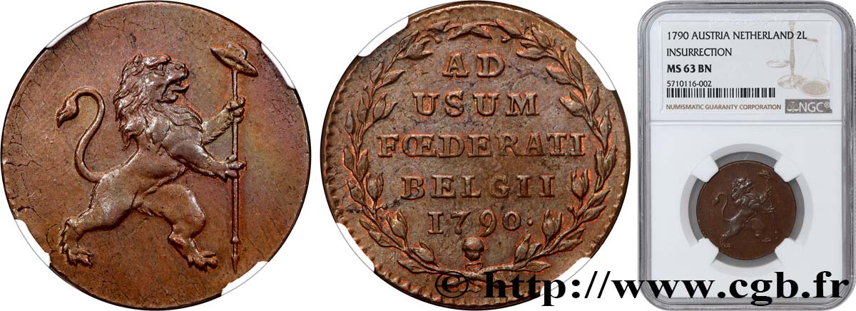 BELGIUM - UNITED STATES OF BELGIUM 2 Liards Insurrection de 1790 1790 Bruxelles MS63 NGC