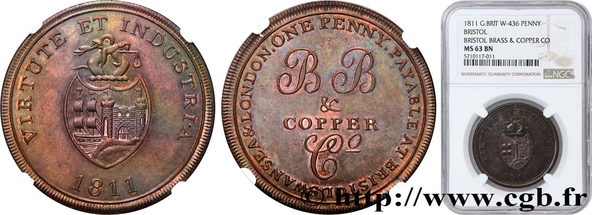 ROYAUME-UNI (TOKENS) 1 Penny Bristol (Somerset) Bristol Brass and Copper Company 1811  SPL63 NGC