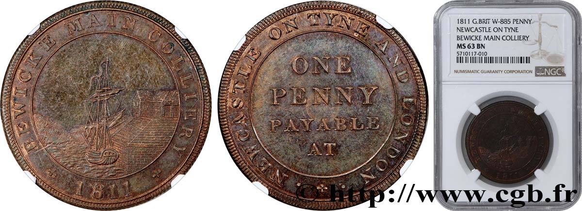 REINO UNIDO (TOKENS) 1 Penny Newcastle-on-Tyne (Northumberland) : Bewicke Main Colliery (Charbonnages) avec voilier 1811  SC63 NGC
