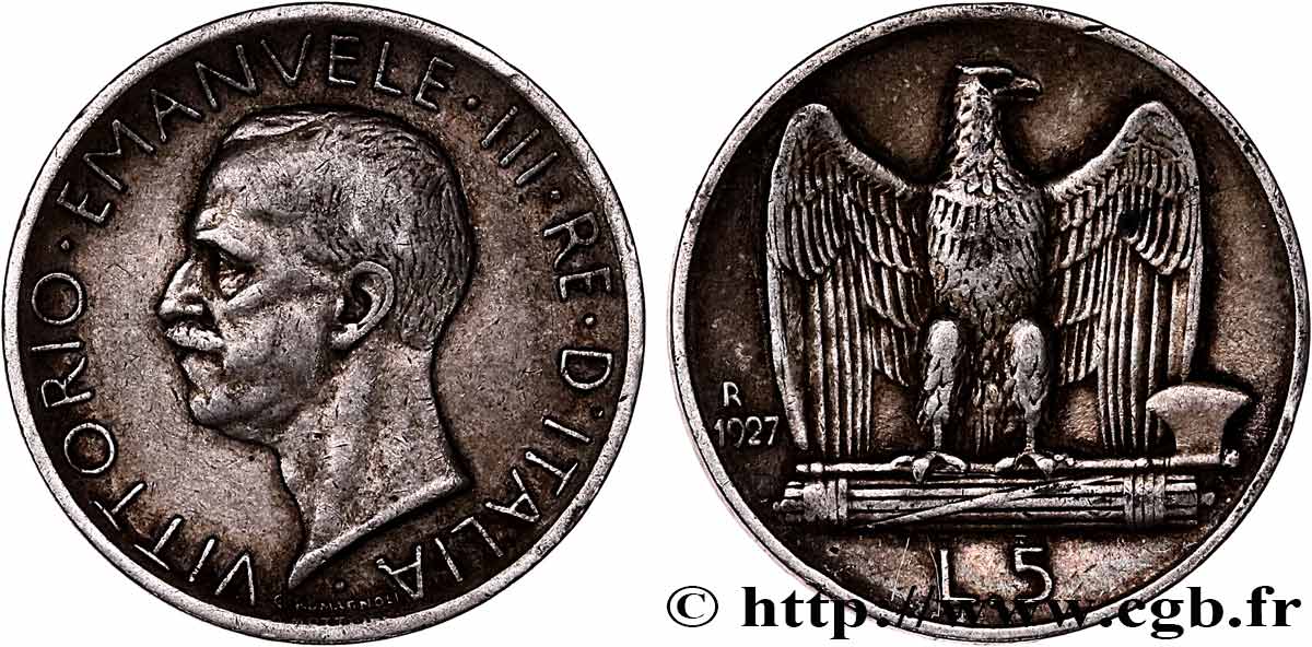 ITALIE 5 Lire Victor Emmanuel III 1927 Rome TTB 