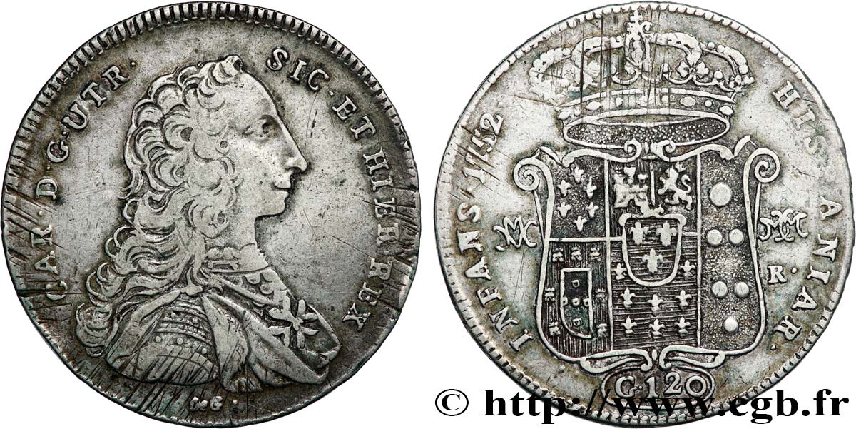 ITALIE - ROYAUME DE NAPLES - CHARLES DE BOURBON Piastre ou 120 Grana 1752 Naples TTB 