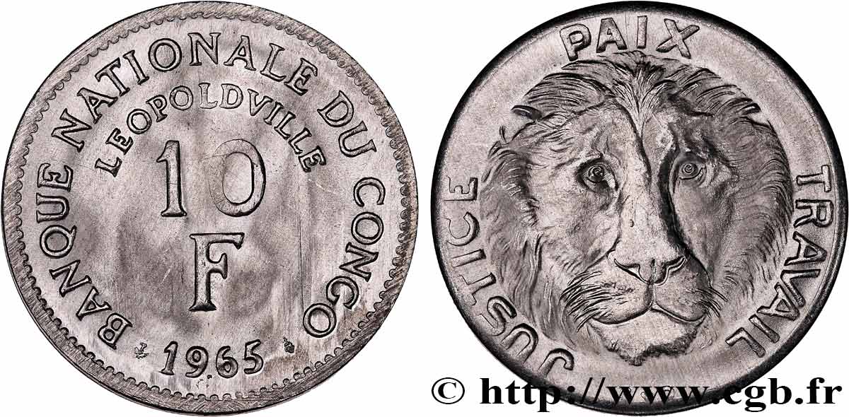 RÉPUBLIQUE DÉMOCRATIQUE DU CONGO 10 Francs Banque Nationale du Congo / lion 1965 Bruxelles SUP 