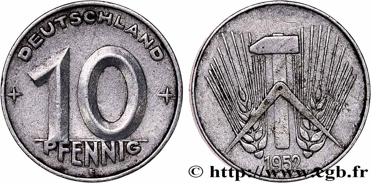 ALLEMAGNE RÉPUBLIQUE DÉMOCRATIQUE 10 Pfennig épis, marteaux et compas type Deutschland 1952 Muldenhütten - E TTB 