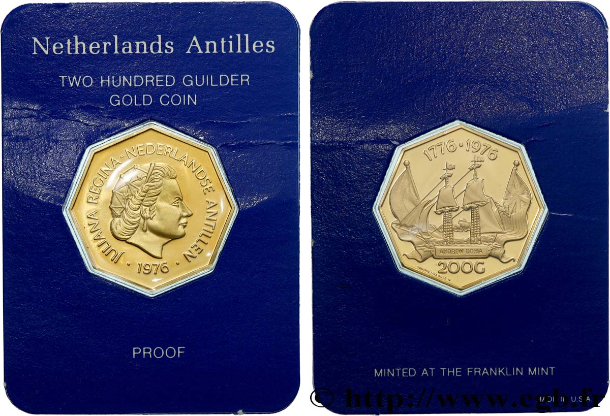 NETHERLANDS ANTILLES 200 Gulden Bicentenaire de l’Indépendance américaine Proof 1976  MS 