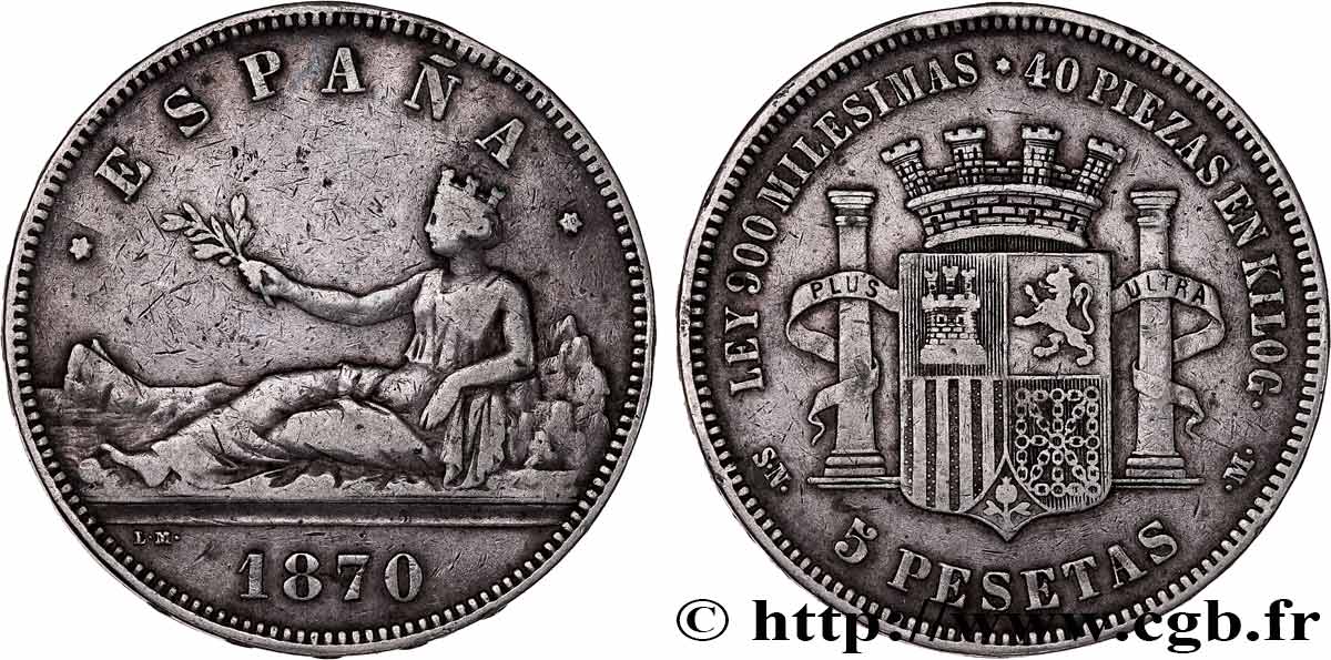 ESPAÑA 5 Pesetas 1870 Madrid BC+ 