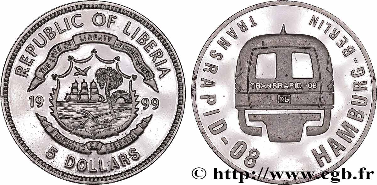 LIBERIA 5 Dollars Proof Transrapid-08 1999  fST 