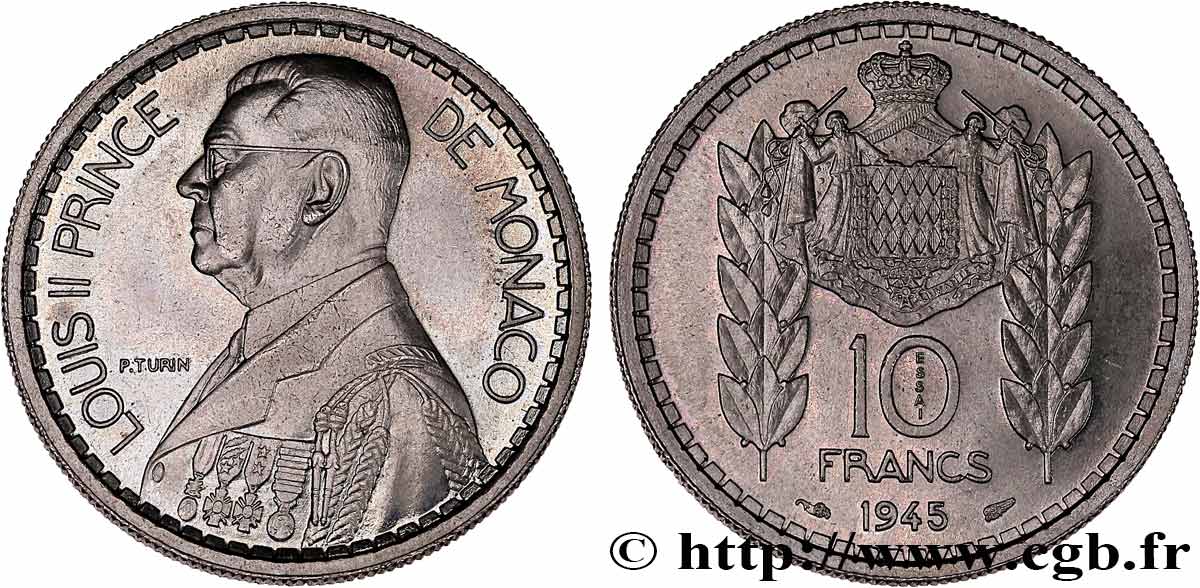 MONACO - LOUIS II Essai de 10 Francs  1945 Paris MS 