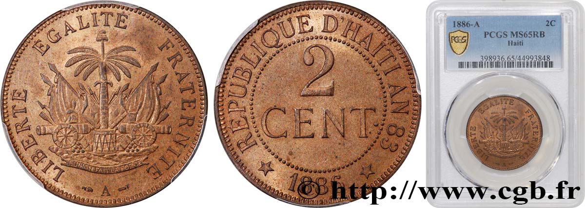 HAITI - REPUBLIC 2 Centimes emblème 1886 Paris MS65 PCGS