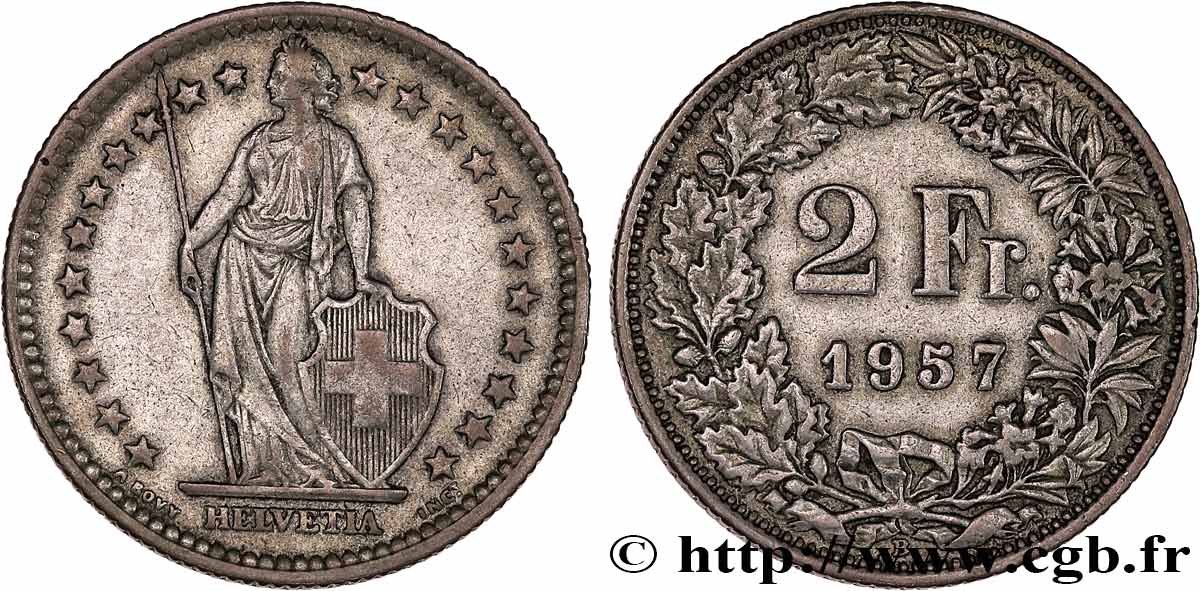 SUISSE 2 Francs Helvetia 1957 Berne TTB 