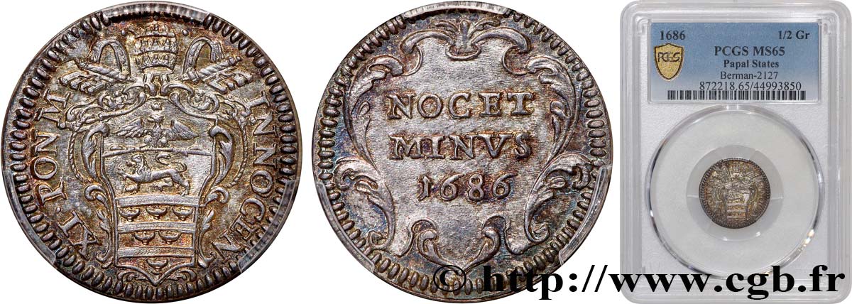 ITALY - PAPAL STATES - INNOCENT XI (Benedetto Odescalchi) Mezzo (Demi) Grosso 1686 Rome MS65 PCGS