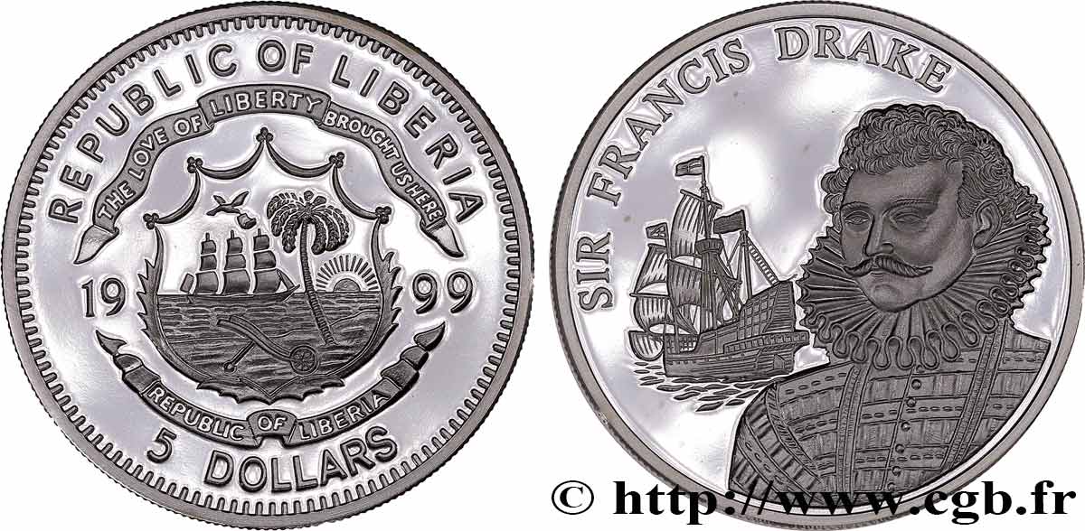 LIBERIA 5 Dollars Proof Sir Francis Drake 1999 fwo 731417 World coins