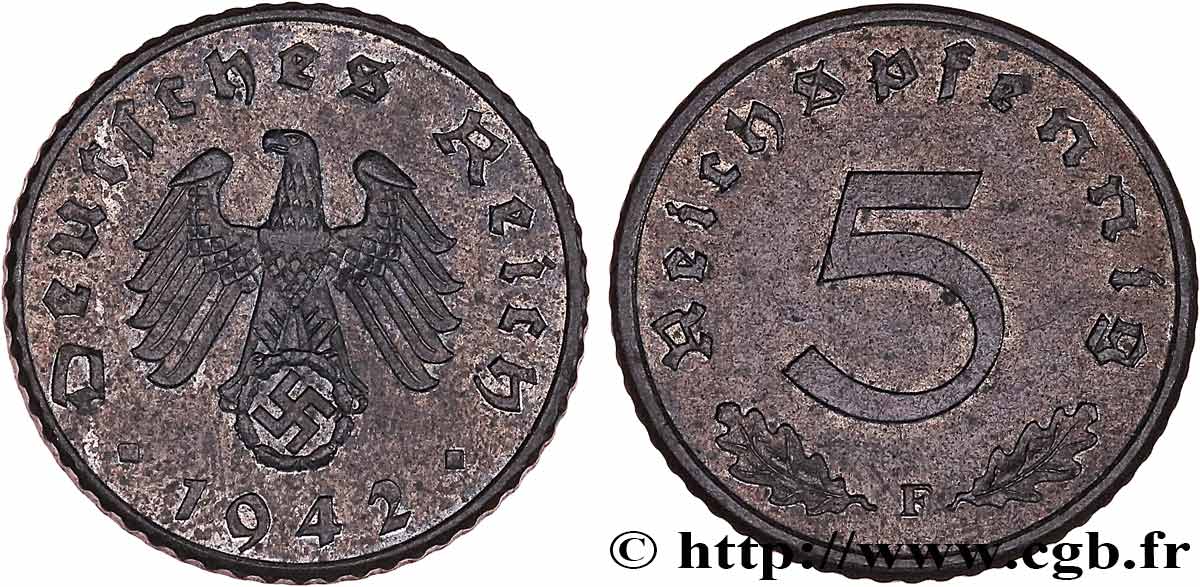 ALLEMAGNE 5 Reichspfennig aigle surmontant une swastika 1942 Stuttgart  SUP 