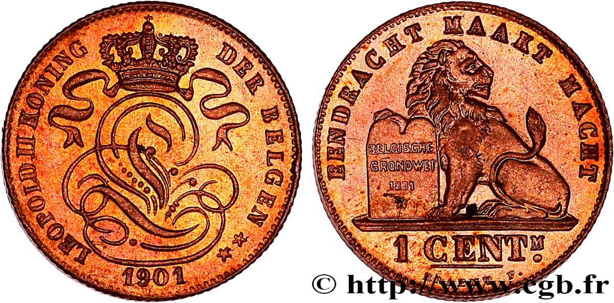 BELGIQUE 1 Centime lion monogramme de Léopold II légende en français 1901  SPL 